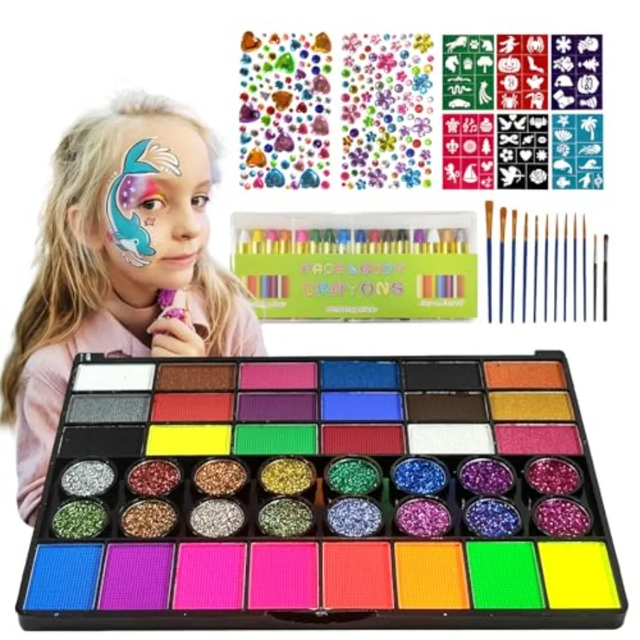 

Набор для рисования на лице: 42 нетоксичных ярких цвета, профессиональные краски для детского творчества, 16 мелков, 56 клейких трафаретов, 12 кистей.