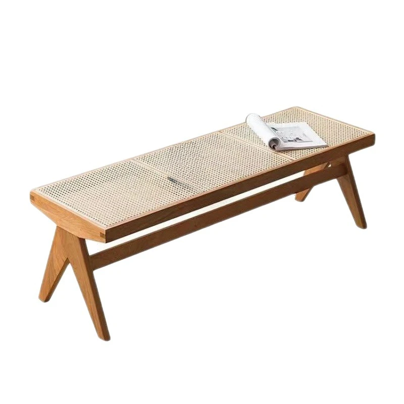 Nordic solid wood rattan woven long bench, leisure outdoor furniture, living room, dining room, homestay, household