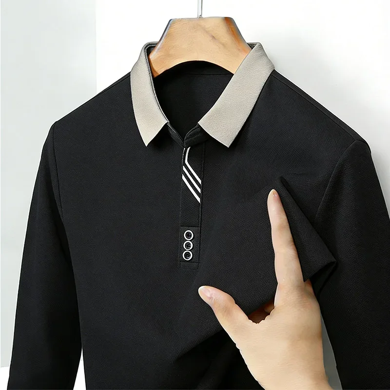 Casual Business Men's Polo Shirts Long Sleeve Contrast Collar Striped Detail Daily Office Wear