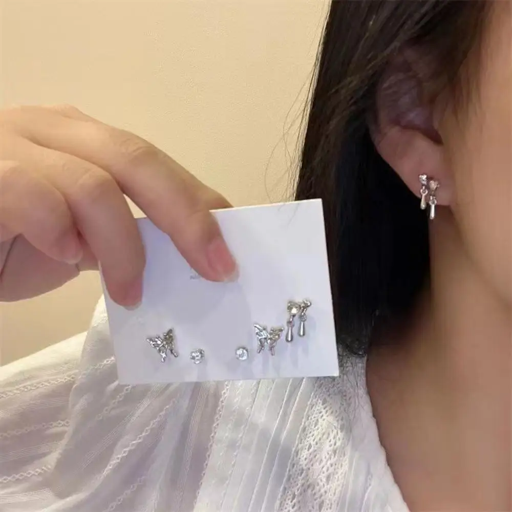 6Pcs/set Women Silver Color Rhinestone Butterfly Stud Earrings Y2K Korean Fashion Punk Earring Stud Jewelry Sets Gifts