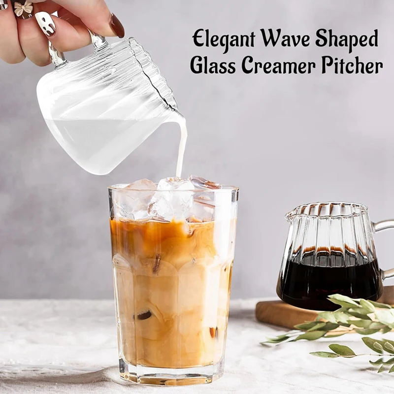 2 Pcs Glass Pitcher, Wave Shaped Glass Creamer Pitcher, Glass Tea Pitcher, Coffee Milk Creamer Pitcher, Milk Frothing