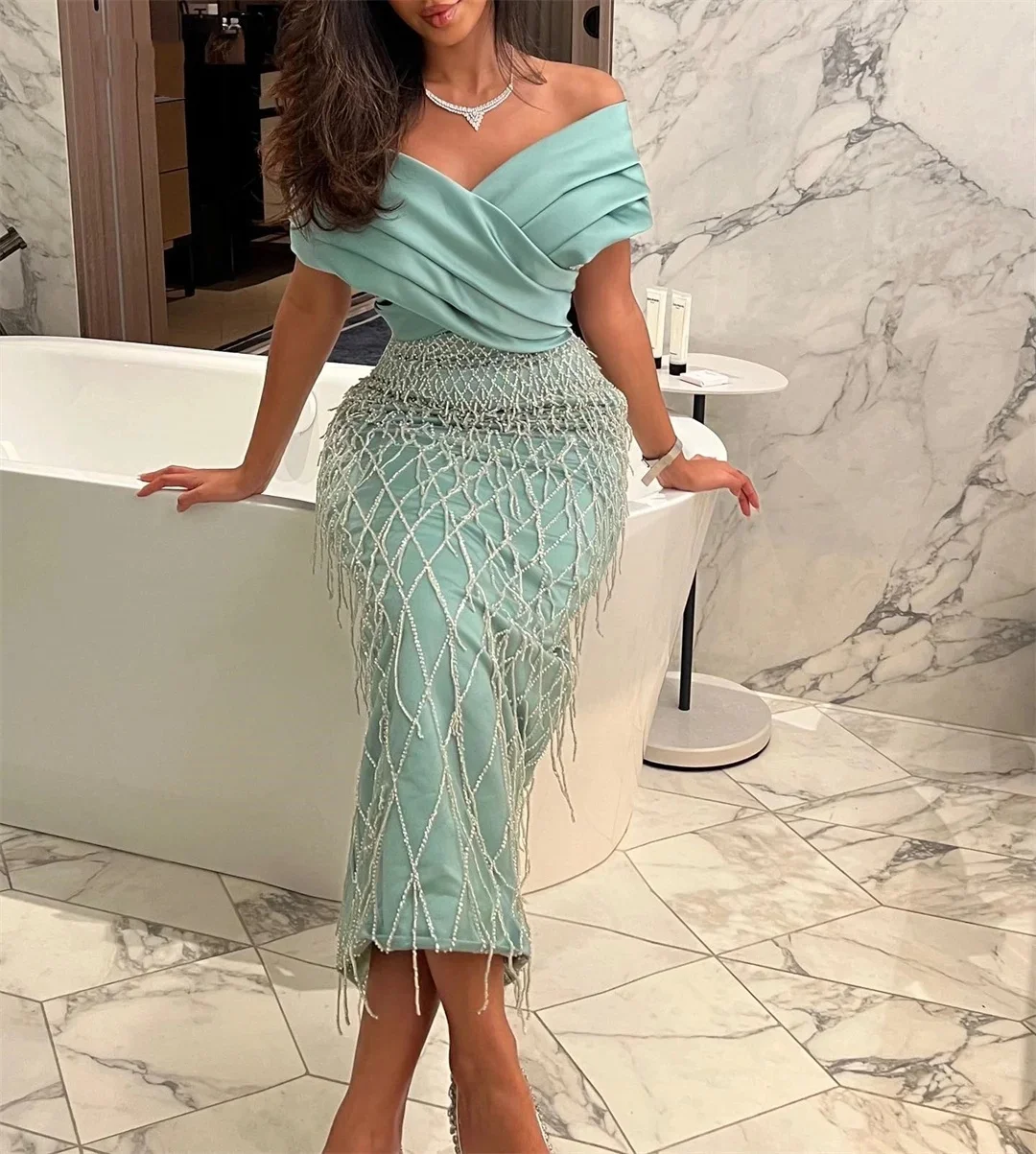 JDY Abito da sera da donna a sirena su misura con perline ricamate in pizzo Abito da sera da donna di lusso adatto per occasioni speciali