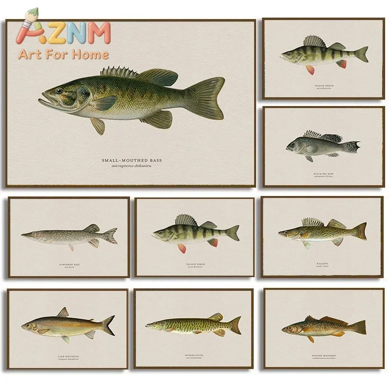 Vintage Bass Fish Trout Fly Fishing Posters Prints Canvas Painting Fisherman Retro Wall Art Picture for Living Room Home Deco