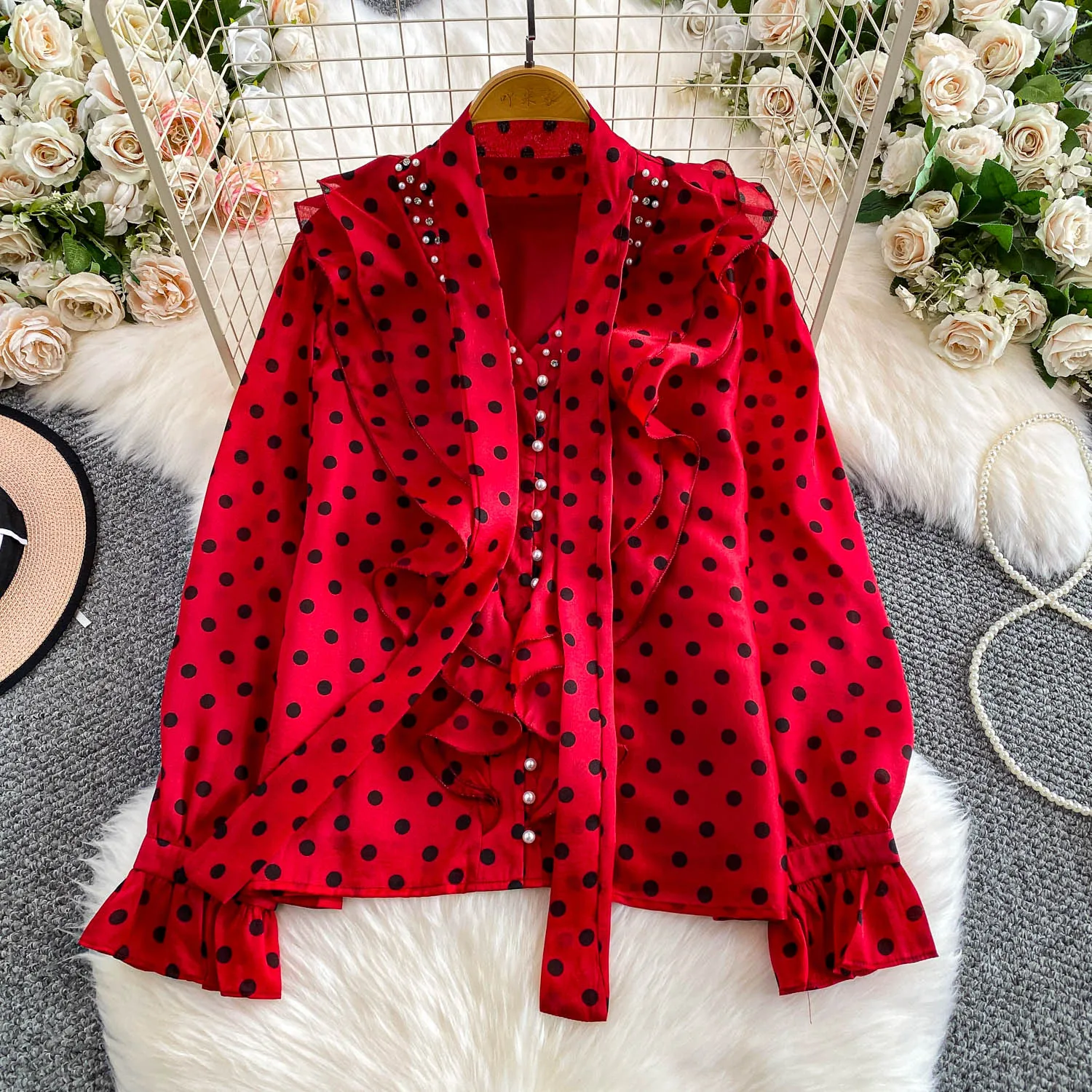 

Vintage Elegant Polka dot V-neck ruffle long sleeve Blouse Fashion Shirt Casual Top Fairy Women Shirt