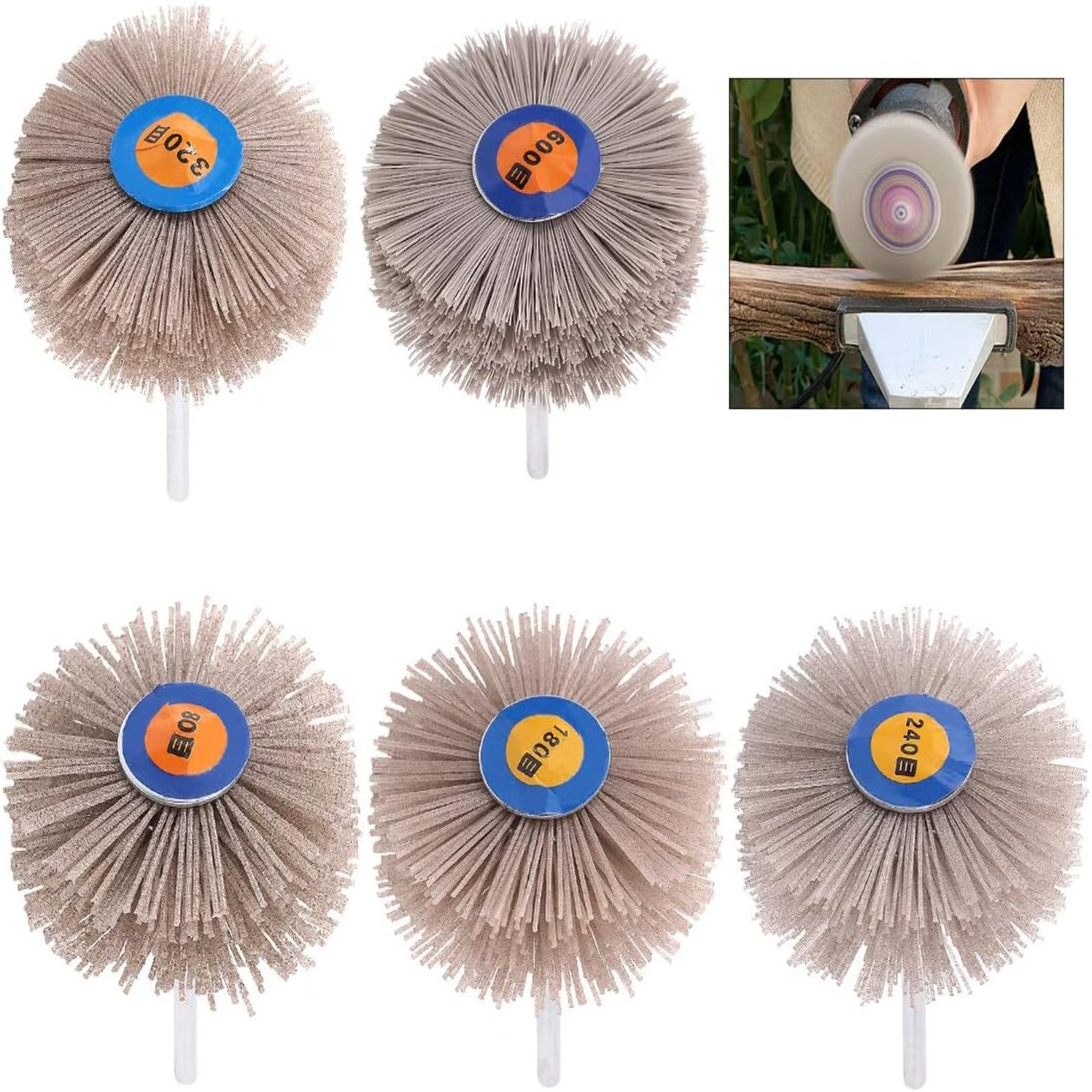 Assorted Kit of 5 Nylon Wheel Brush Abrasive Grinding Heads in 5 Sizes: 80#, 180#, 240#, 320#, and 600#, with 6mm Threaded Shank