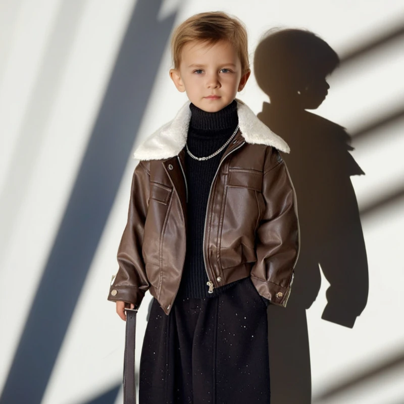 

Winter Boys Brown Faux Leather Jacket Fleece Lined with Fur Collar Windproof Coat for Kids School Stylish Warm Child Outerwear