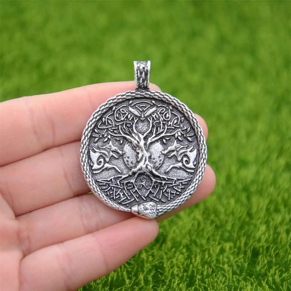 Ouroboros Tree Of Life Necklace Viking Wolf Pendant Amulet Wicca Pagan Talisman Jewelry With Pentagram Moon Triskele On Back