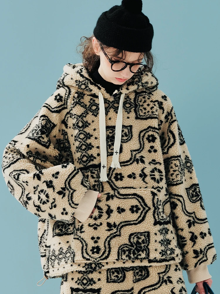 IMAKOKONI Original Design Long Sleeve Hoodie with Printed Warmth Winter Plush Pocket Top Coat 244890