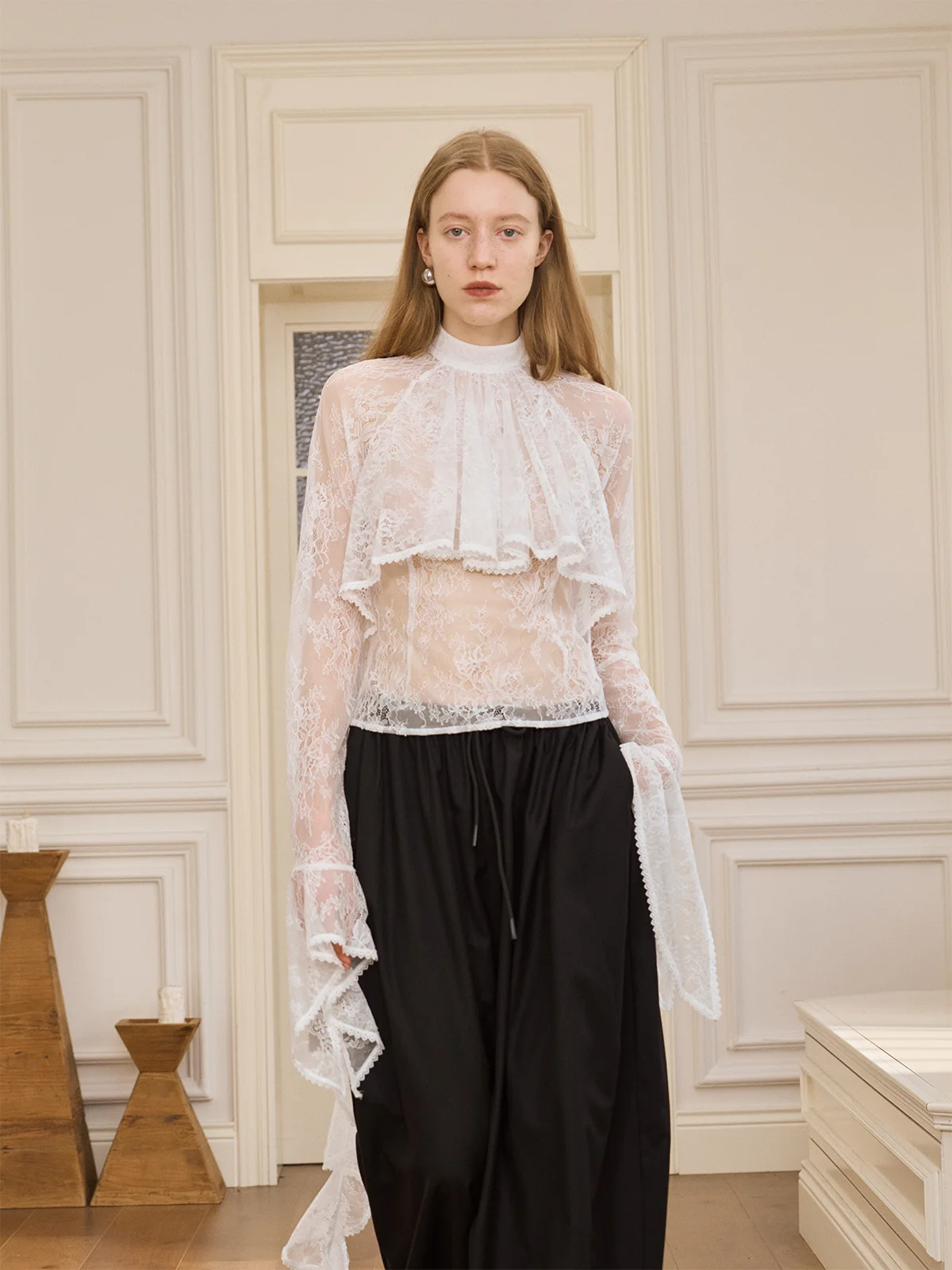 

Женская футболка Ele Rose с кружевным воротником-стойкой, весна 2026, новый дизайн, повседневная, с длинным рукавом, из полиэфирного волокна, модная