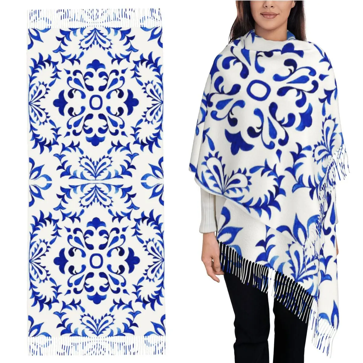 

Azulejo португальская плитка акварельный шарф с кисточками шарфы женские мягкие теплые шали и накидки большая осенне-зимняя шаль