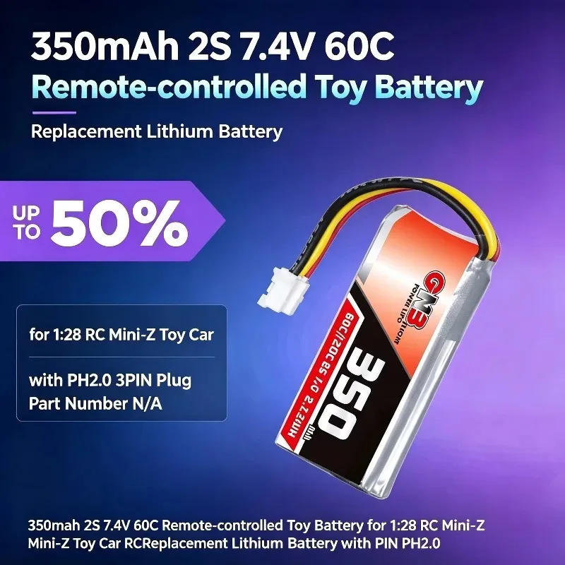 350mAh 2S 7.4V 60C Remote‑controlled Toy Battery for 1:28RC Mini‑Z Toy Car RCReplacement Lithium Battery with PH2.0 3PIN Plug