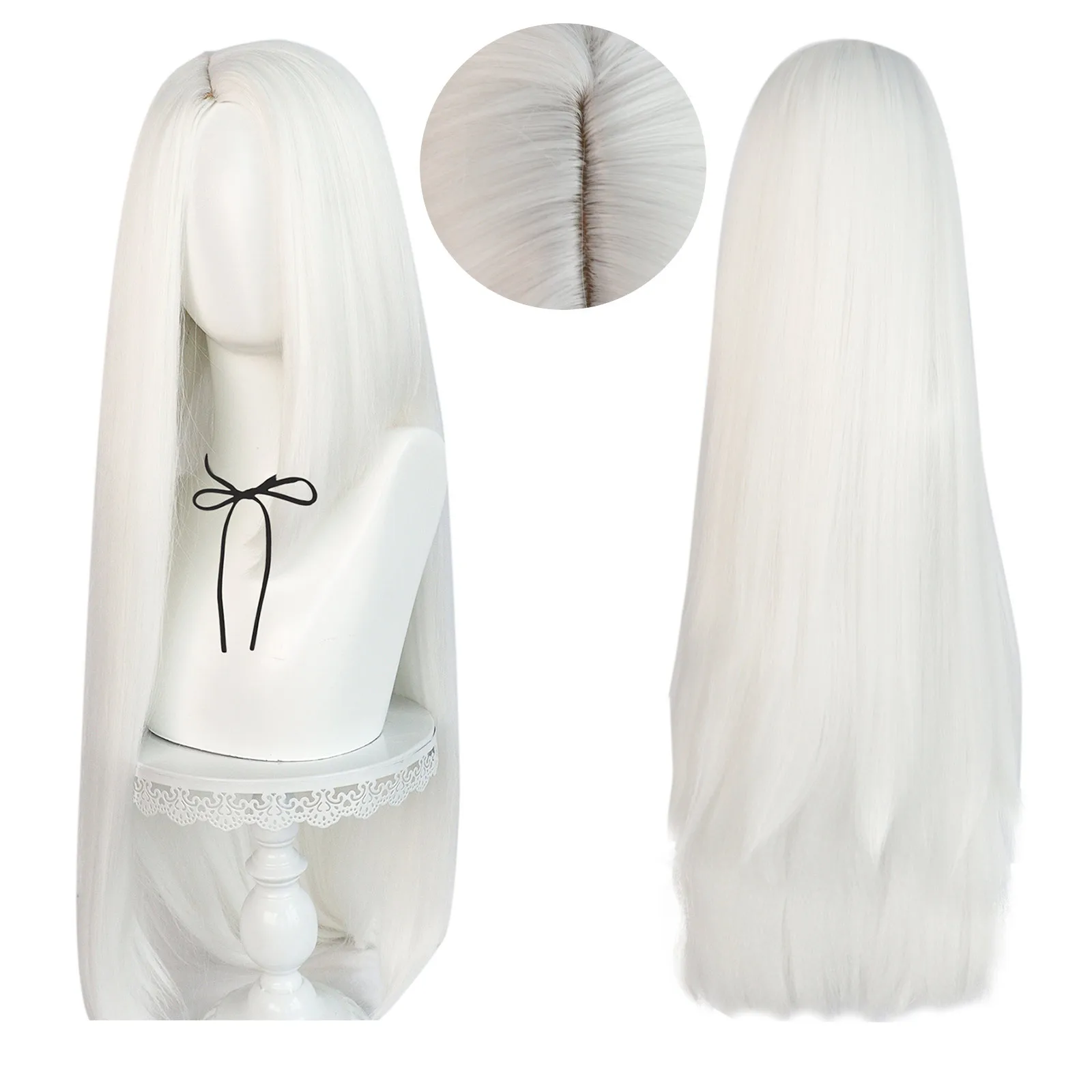 Parrucca Cosplay Vaggie parrucca bianca lunga diritta resistente al calore capelli sintetici Costume di Halloween gioco di ruolo parrucche per feste + cappuccio per parrucca