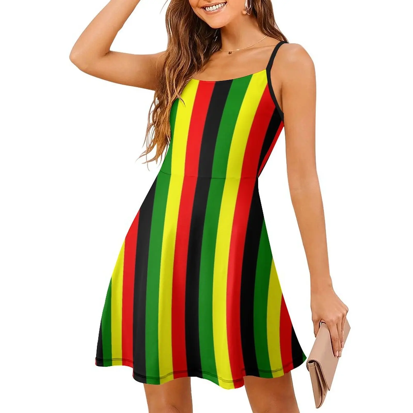 فستان قصير بألوان الراستا أحمر أخضر ذهبي ألوان زاهية مخطط على طراز بريبي للنساء على شكل حرف a فضفاض مناسب فستان يوم غير رسمي الراستا #3