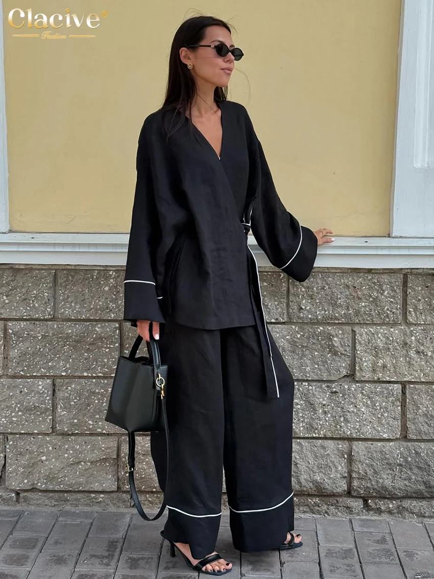 

Cclacive Fashion Loose Black Cotton Women's Two Pieces Set 2025 Casual Long Sleeve Shirt With High Waist Wide Pants Set Female