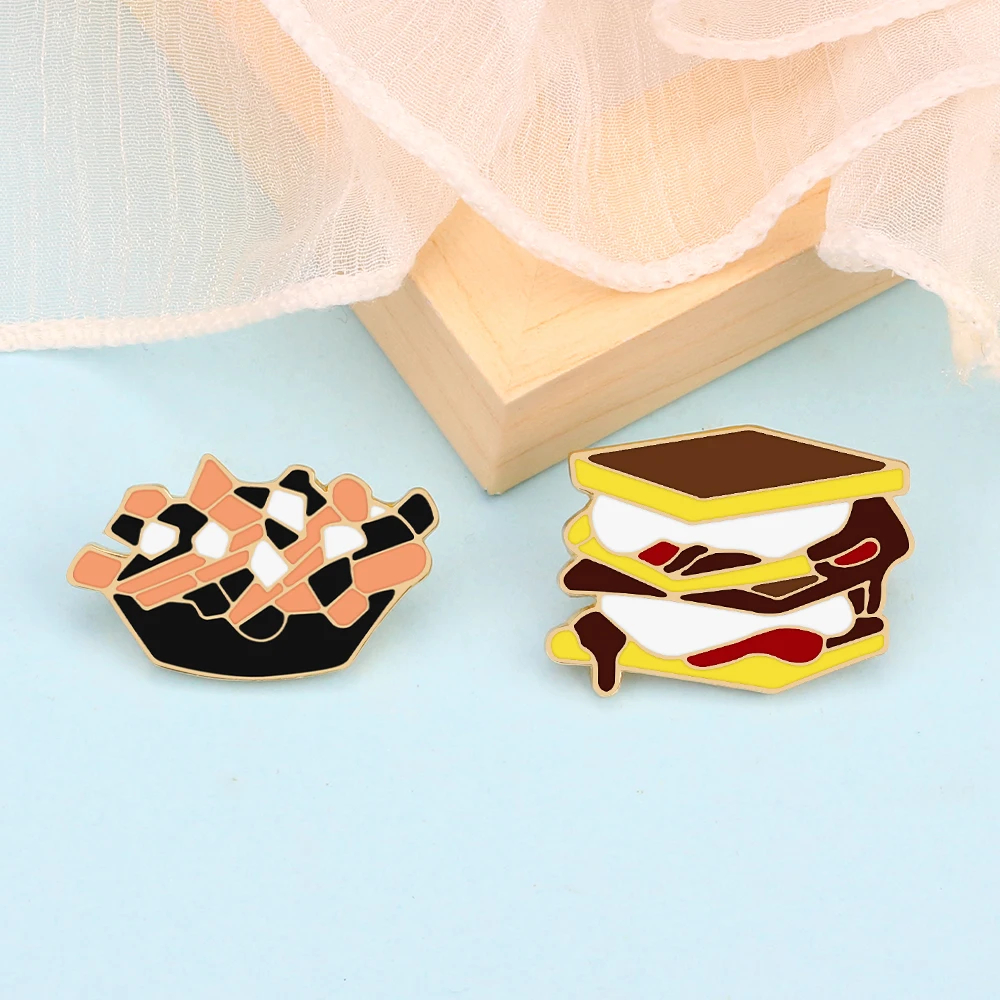Fashion Fast Foods Enamel Pins Custom Cute French fries Pizza Hamburg Egg Brooches Lapel Badge Bag Cartoon Jewelry Gift for Kids