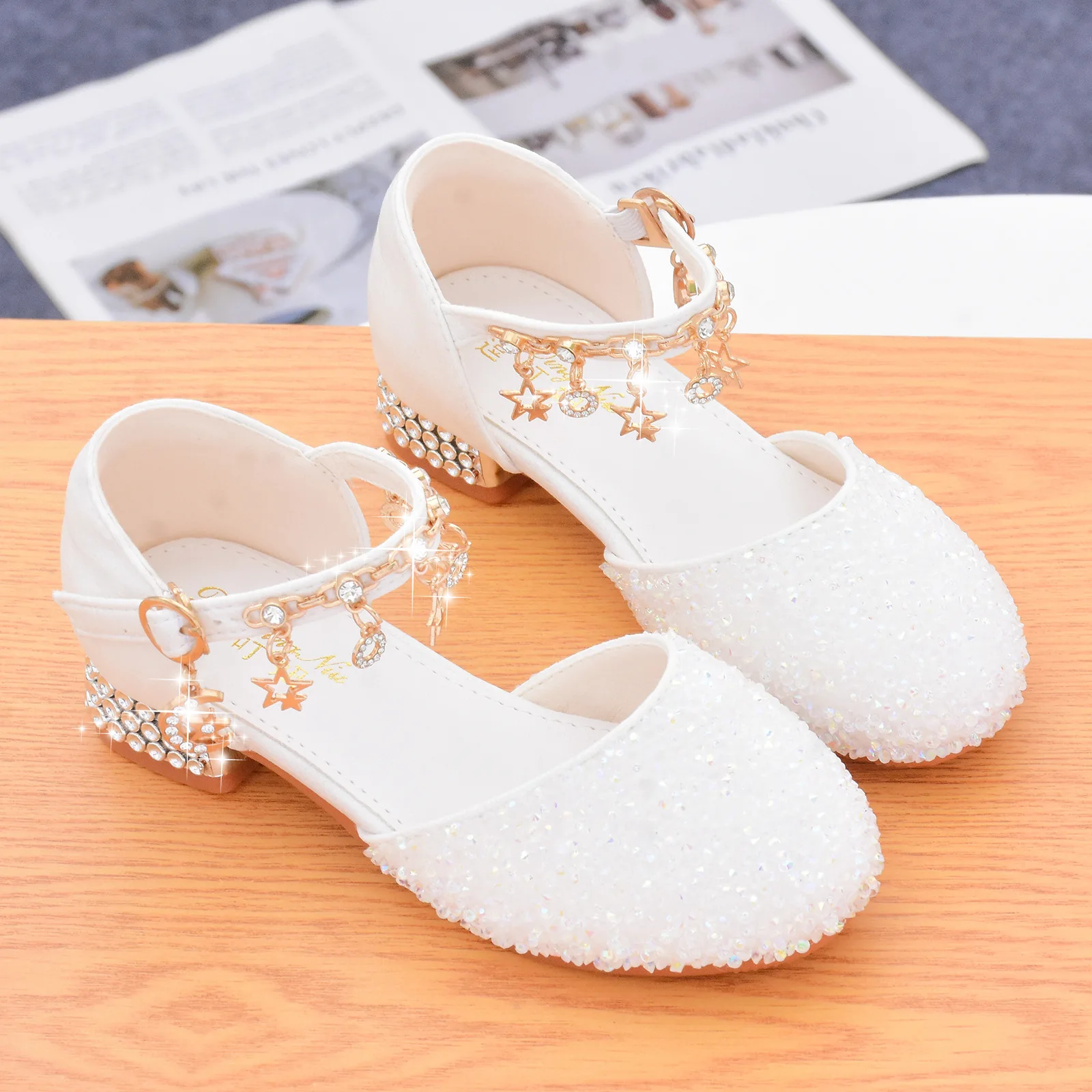 Children's Diamond Wedding High Heels Sequin Crystal Princess Leather Shoes Girls sandals Kids Evening Dress Performance Shoe