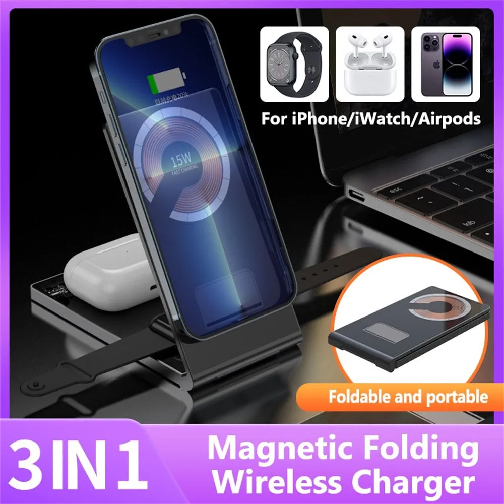 

Magnetic Wireless Charging Station For iPhone 14 13 12 Pro Max Transparent Folding Charger Holder For Airpods Apple Watch SE 8 7