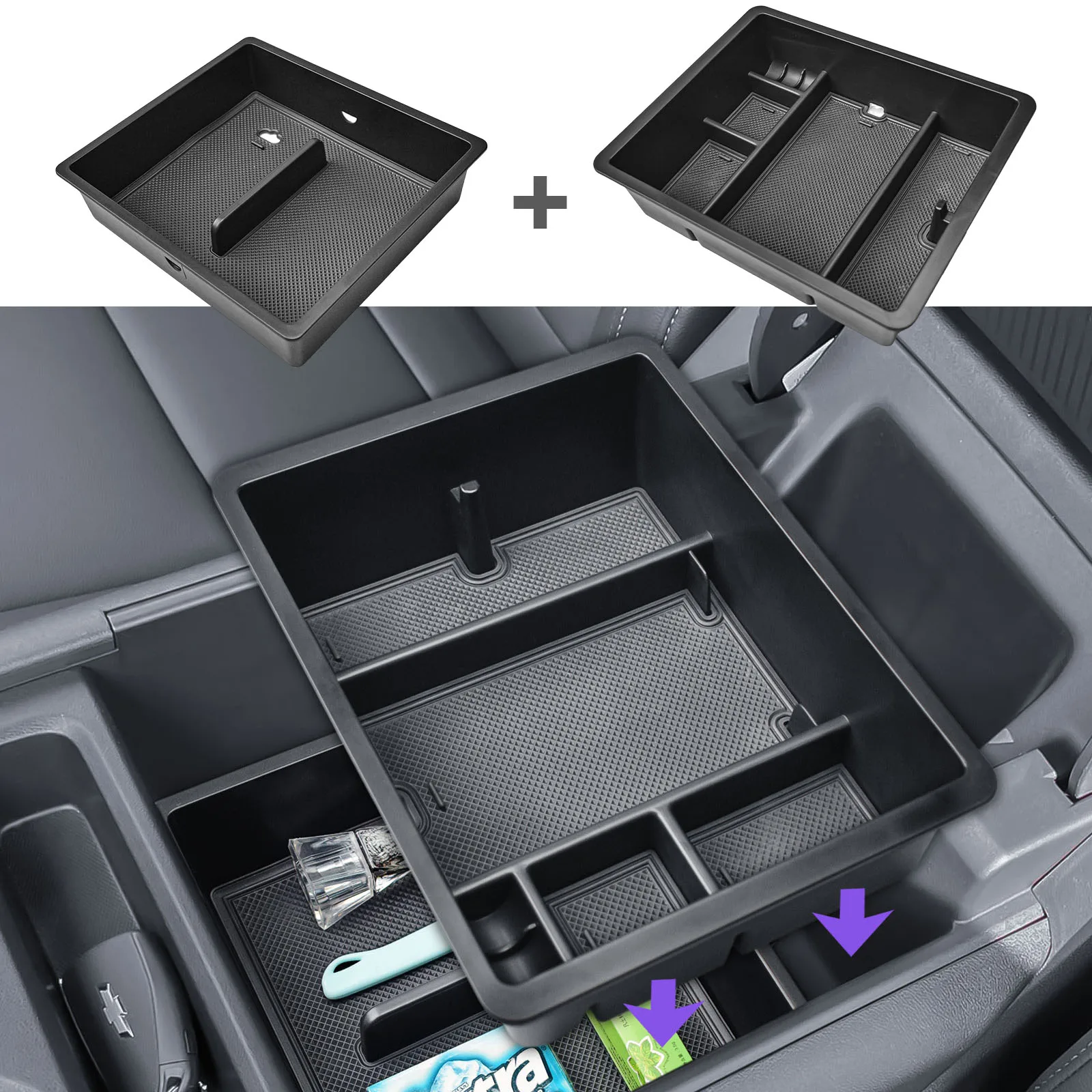 

For 2024-2025 Chevy Silverado EV Work Truck (WT) Center Console Lower Tray Armrest Storage Box 2 Layers Center Console Organizer