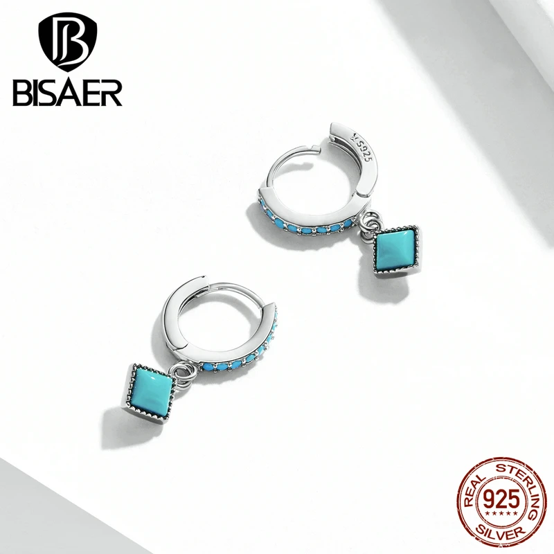 BISAER 925 Sterling Silver Ear Buckles Vintage Simple Turquoise Pendant Drop Earrings for Women Party Wedding Fine Jewelry