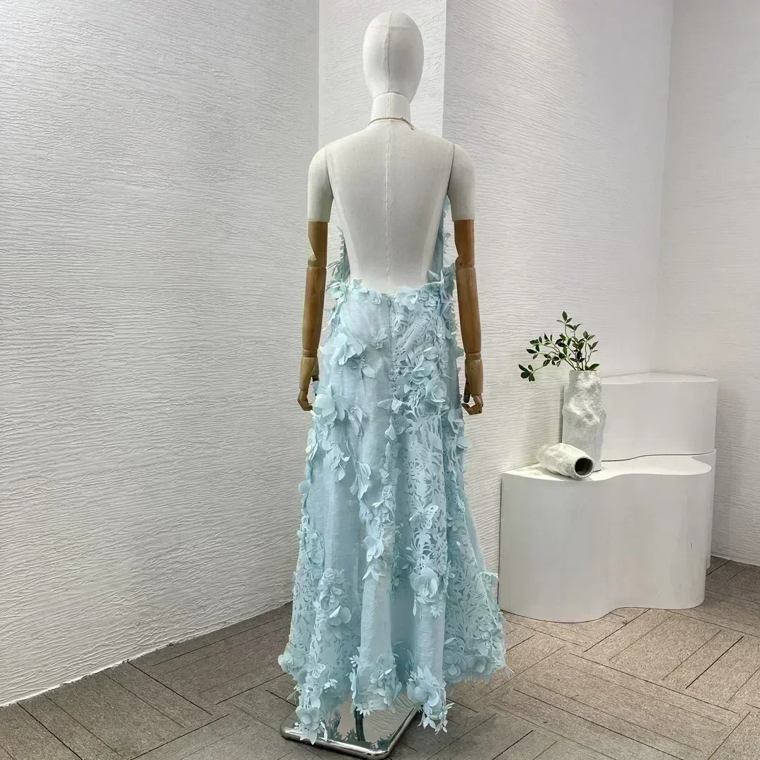 2024 Women New Handmade Summer Holiday Design Blue 3D Flower Decoration Sleeveless Silk Linen Irregular Hem Maxi Dress