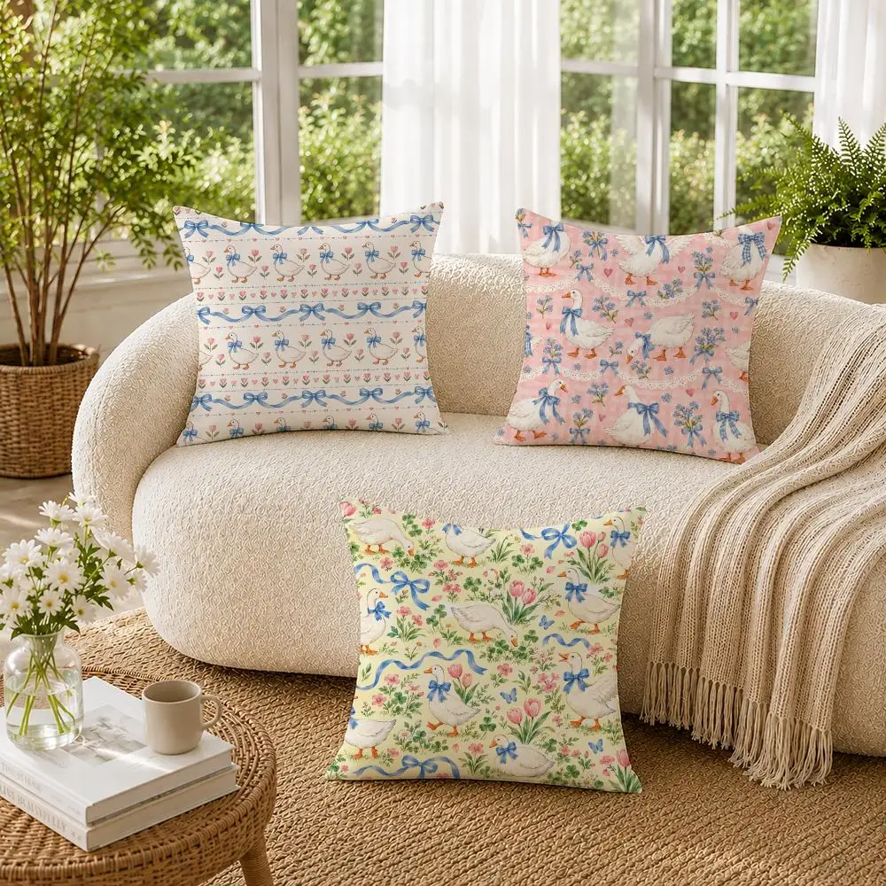 Cute Ducks Ribbon Blue Bow Cushion Cover Soft Short Plush Pillow Cases Hidden Zipper Cutecore Sofa Bedroom Home Decor Gift