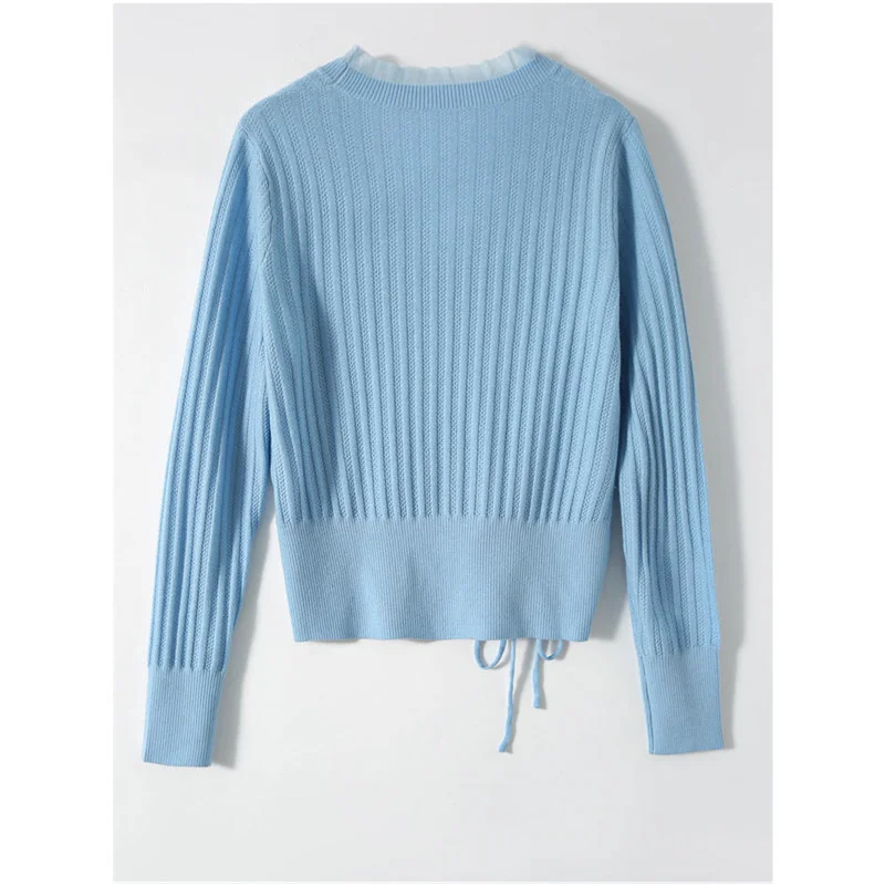 New Ladies\' Fall Winter Knitted Sweater Women Drawstring Knitwear Tees V-neck Pullover Tops Female Casual Commuting Streetwear