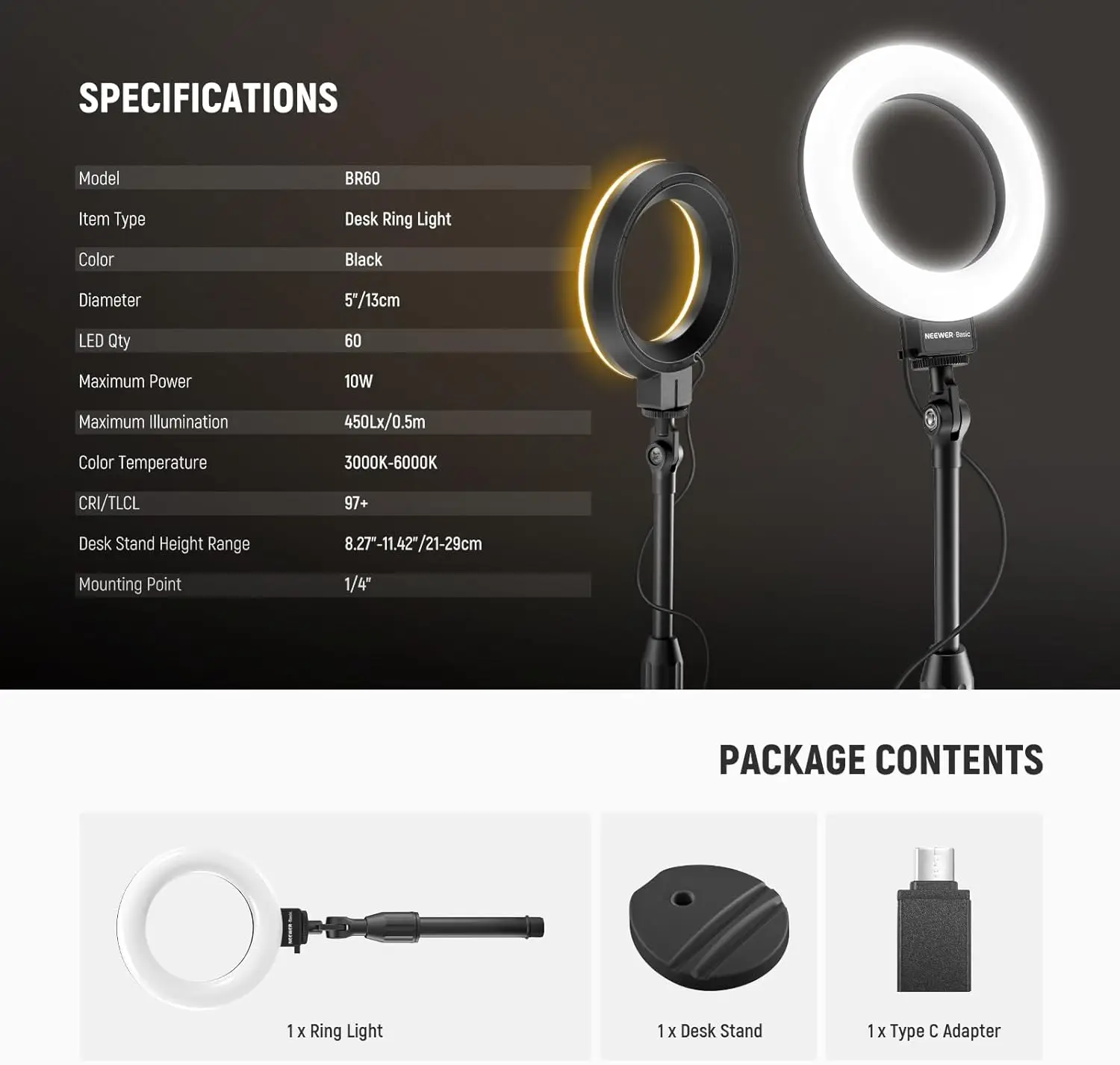 NEEWER Basics 5 "مصباح حلقي مكتبي مع حامل، قاعدة حامل هاتف، مصباح سيلفي LED 10 وات متوافق مع iPhone لتسجيل الفيديو