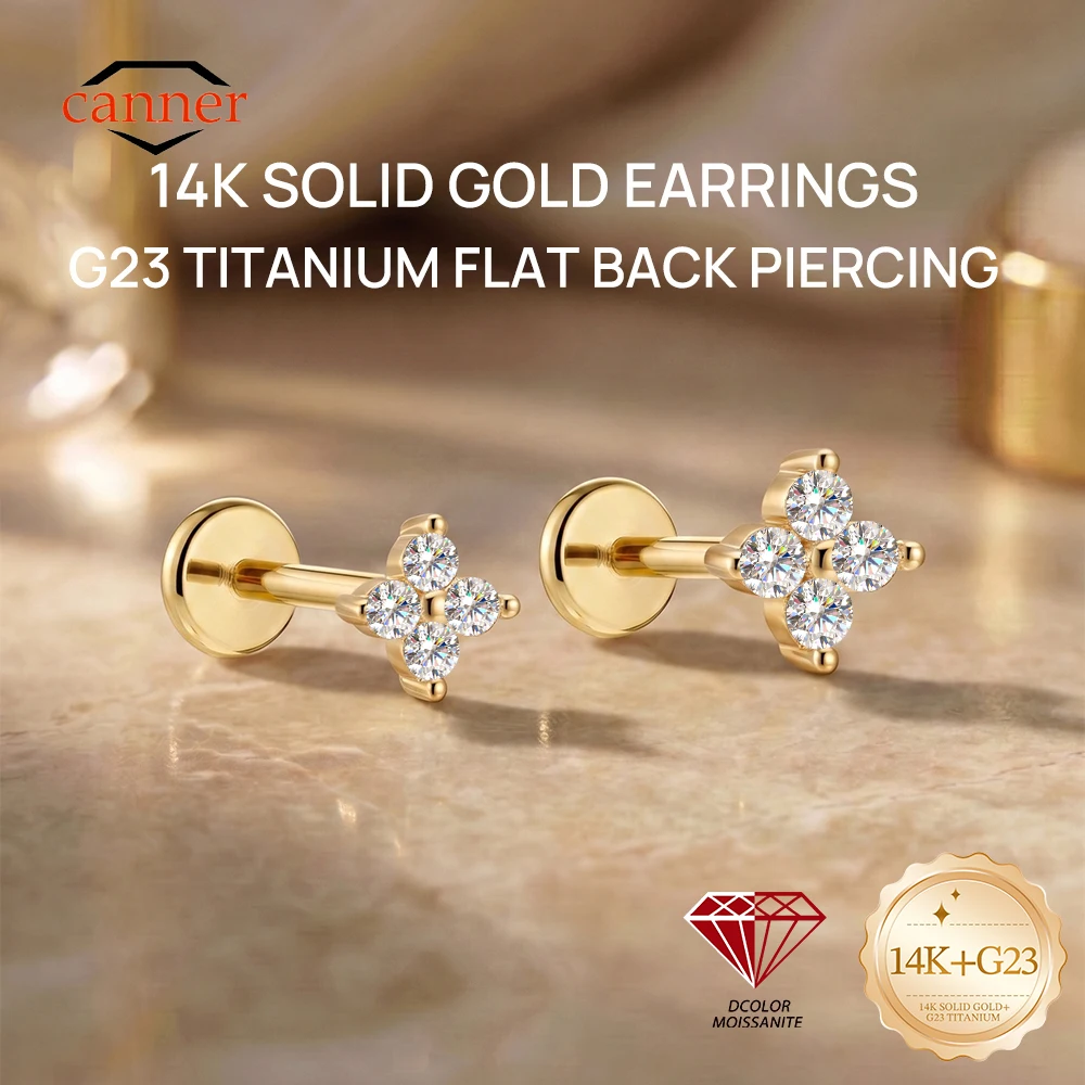 CANNER 1PC 14K Solid Gold Sparkling Moissanite Flower Stud Earring For Women Flat Back Piercing Luxury Earring Gift Certificated