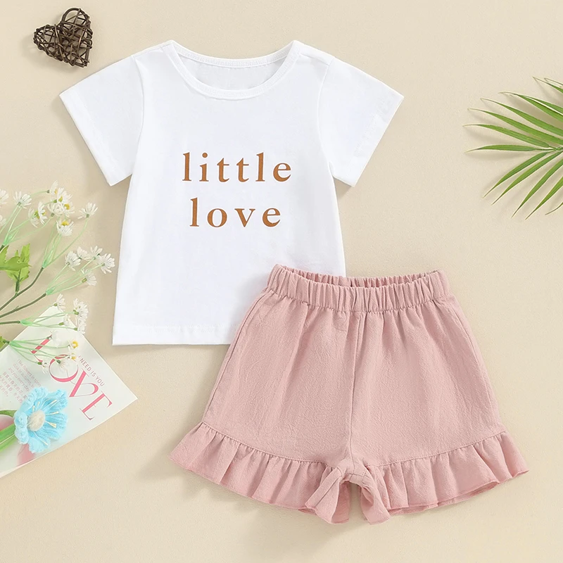 

Toddler Girl Summer Outfit Letter Print Embroidery Crew Neck Short Sleeve T-Shirts Tops Elastic Waist Shorts 2Pcs Clothes Set