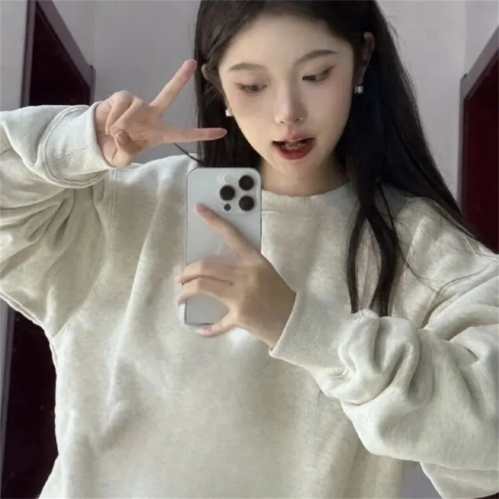 

Толстовка с круглым вырезом, однотонная американская ретро-осень и зима, новая куртка, повседневная весенне-осенняя свободная ленивая куртка с длинными рукавами