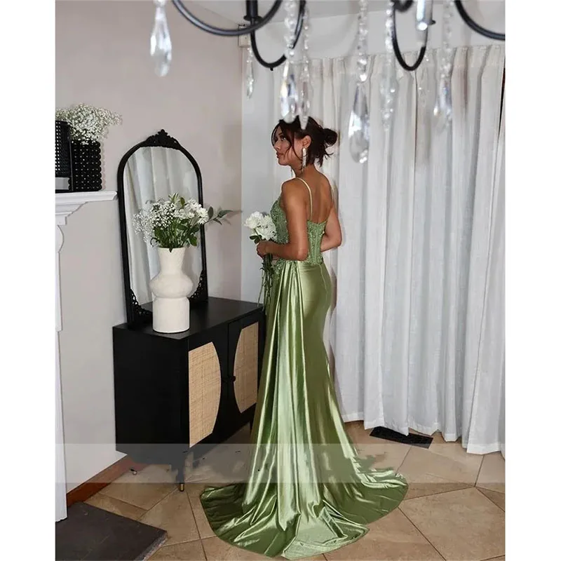 Vestido de noche verde oliva, traje Sexy con tirantes finos, Apliques de encaje de cristal, abertura para dama de honor, recepción, fiesta, graduación