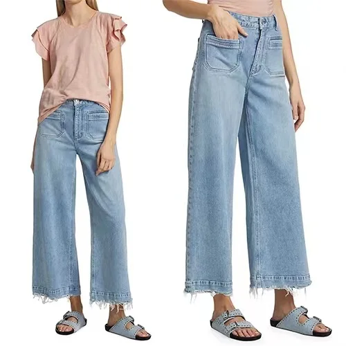 

Jeans For Women 2024 New Early Autumn High Waist Light Blue Front Pocket Cropped Flare-Leg Casual Style Runway Design High