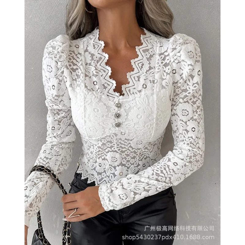 2024 Spring Summer New Women's Clothing Solid Color V-neck Lace Bottoming Shirt Slim Top Shirt Blouse