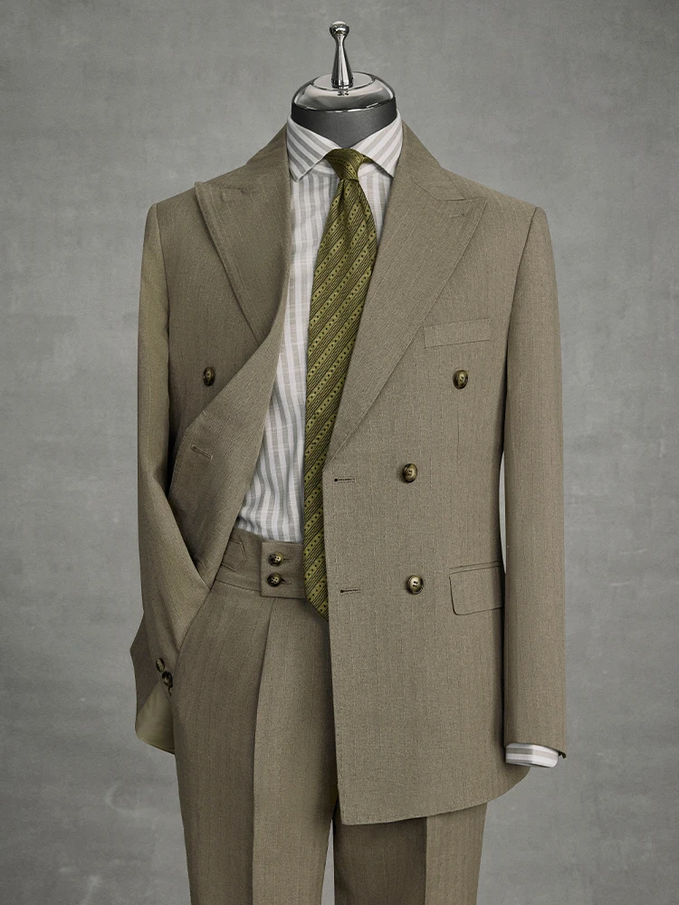 

Роскошный британский свадебный костюм для жениха, формальный банкетный костюм, двубортный смокинг цвета хаки в полоску с официальными классическими брюками