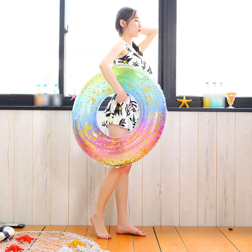 

Inflatable Sequins Gradient Rainbow Swimming Ring Safety Float Seat 90cm Durable Practical for Pool Beach Lake Travel