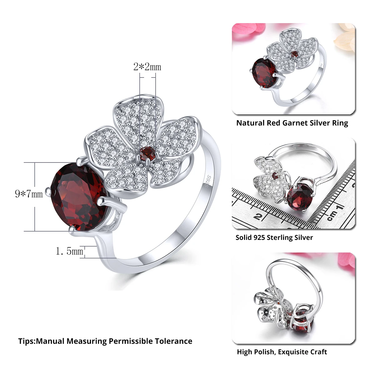 Natural Red Garnet Solid Sterling Silver Rings 2.15 Carats Genuine Birthstone Flower Romantic Elegant Fine Jewelry Design Gifts