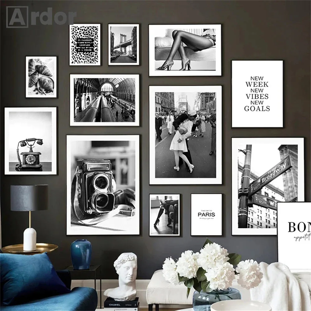 Retro Phone Camera Posters Black And White Fashion Woman Canvas Print Painting Paris Wall Art Nordic Poster Picture Home Decor