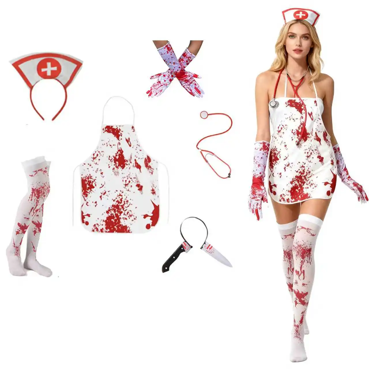 

PESENAR Хэллоуин кровавый костюм медсестры набор-фартук для медсестры чулки перчатки шприц повязка на голову татуировка наклейка-облегающий комплект униформы медсестры