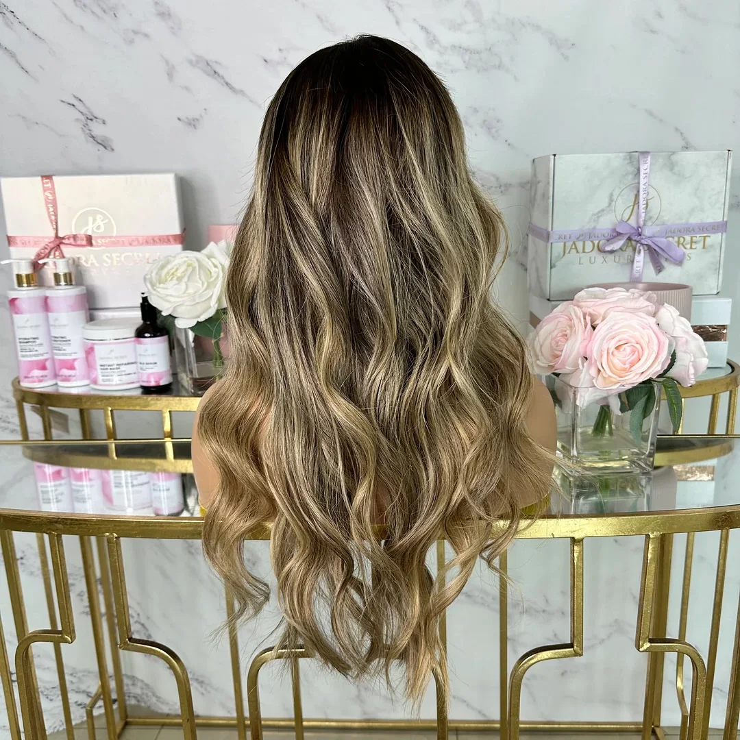 Highlight Ombre Blonde Brown Colored Natural Body Wave Lace Front Wigs Synthetic Soft Free Part Loose Wig 13X4 Frontal Lace Wigs