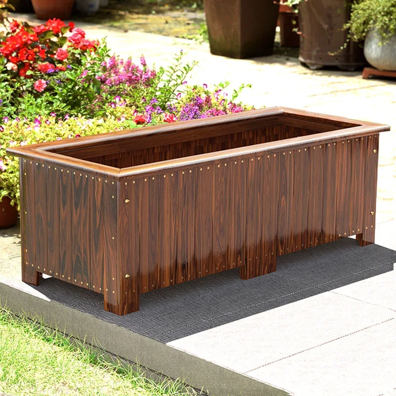 Preservative wood flower box Outdoor planting box Garden rectangular wood flower slot Carbonized solid wood flower pot Balcony v