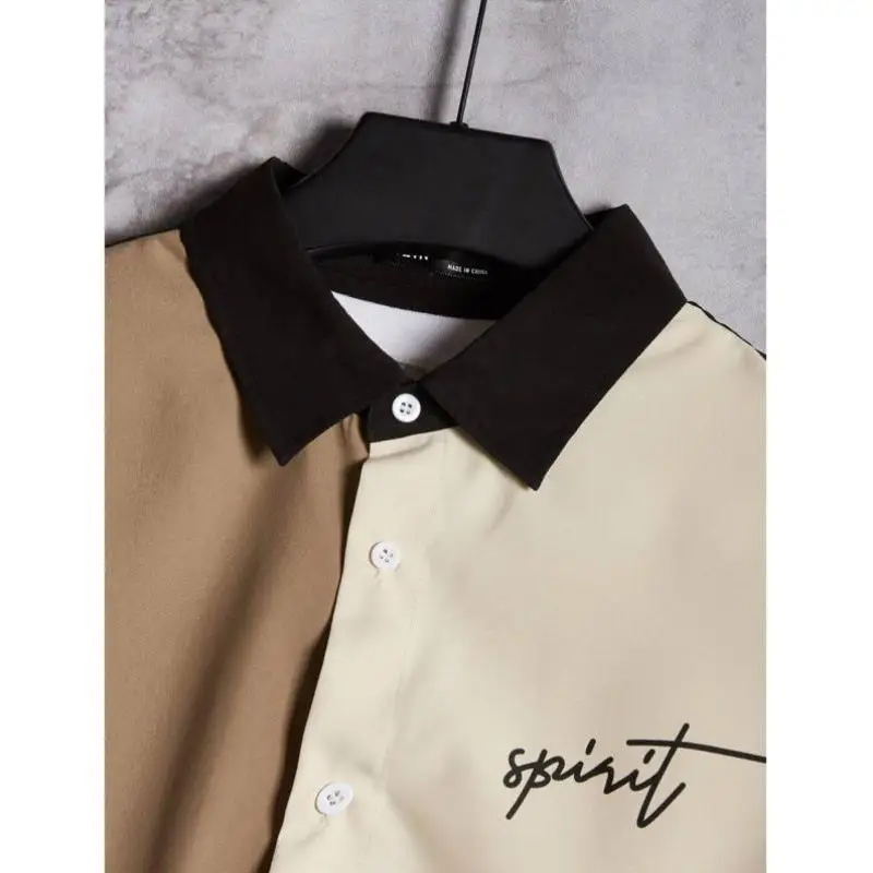 Slim Fit Men's irt Autumn Pattern Printed Blo Letter Design PU Leather Fabric Comfortable Inner Wear  Collar Seven Sl...