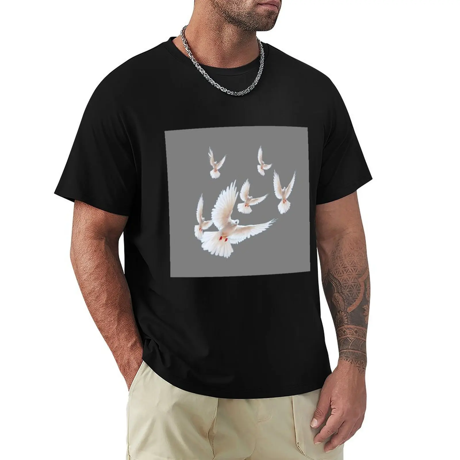 FLYING WHITE PEACE DOVES T-Shirt Big Size Short Sleeve Casual Top