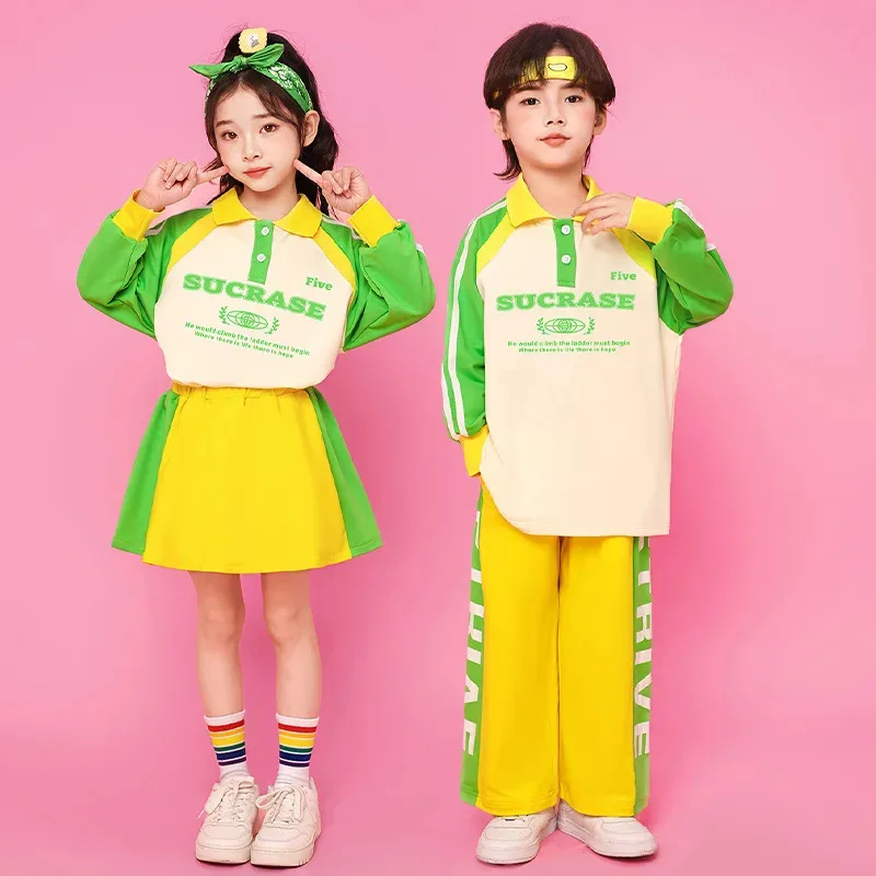 

COSda@Girls Clothes Hip Hop Street Dance Outfits Boys Patchwork Sweatshirt Casual Cargo Pants Set Kids Jazz Dancing Stage Costum