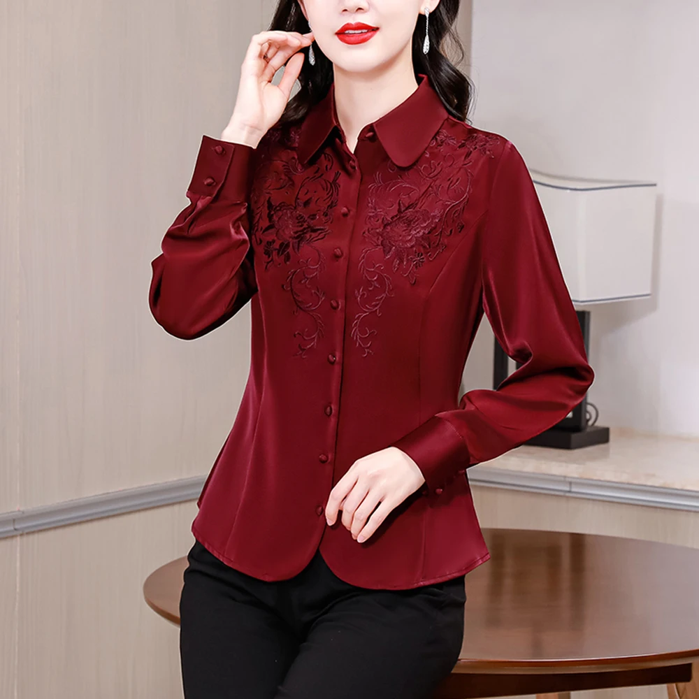 2024 Spring Autumn Elegant Fashion Women Blouse Office Lady Tops Single-breasted Embroidered Long Sleeve Women Shirts Blusas