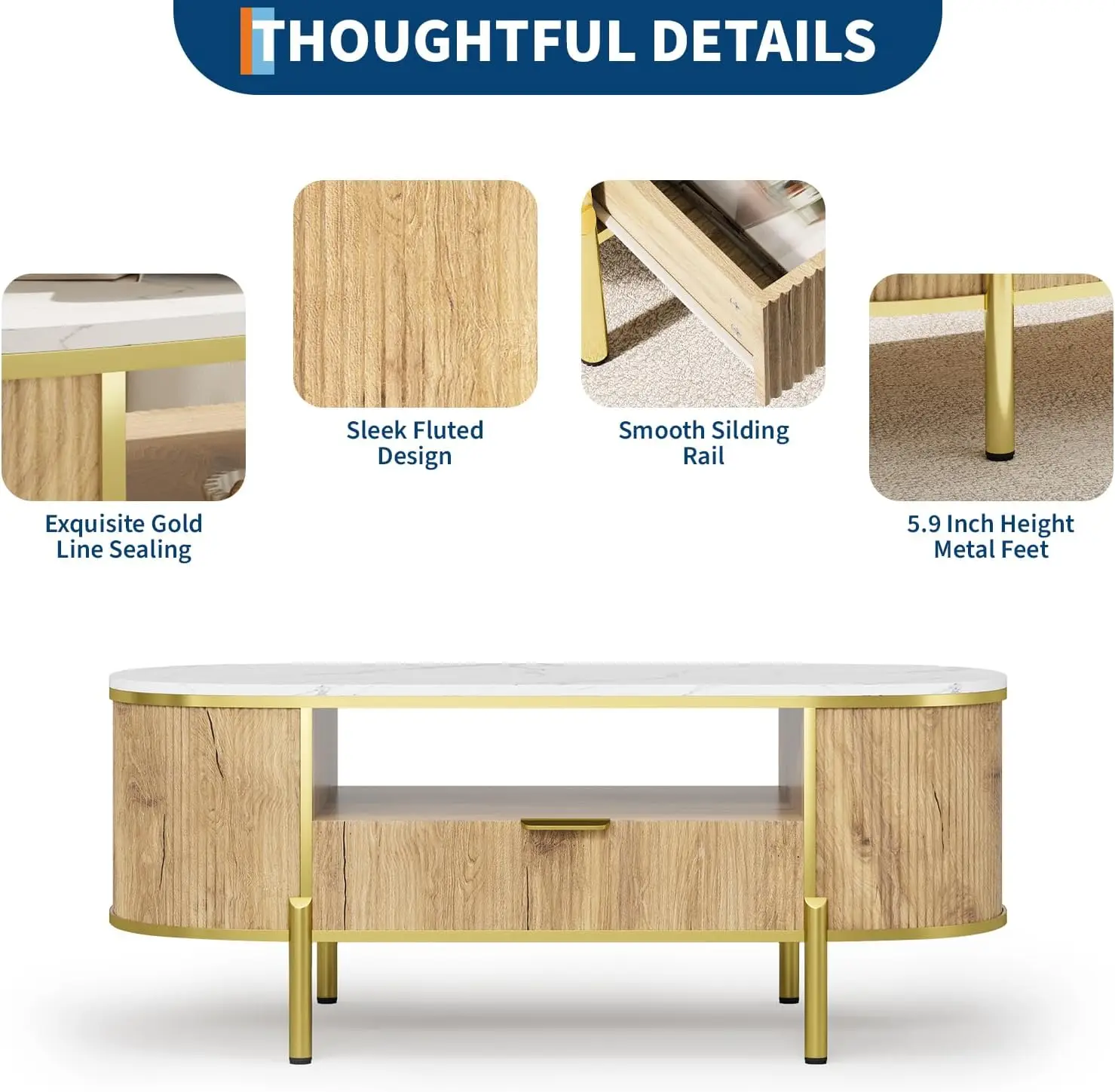 48in Modern Luxury Oval Coffee Table - Natural Oak Fluted Table with Faux Marble Top, Gold Metal Decor & Drawer