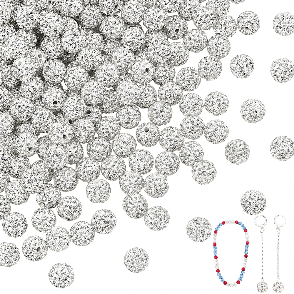 200pcs Rhinestone Beads 10mm Glitter Beads Disco Ball Polymer Clay Round Loose Beads for Friendship Bracelet