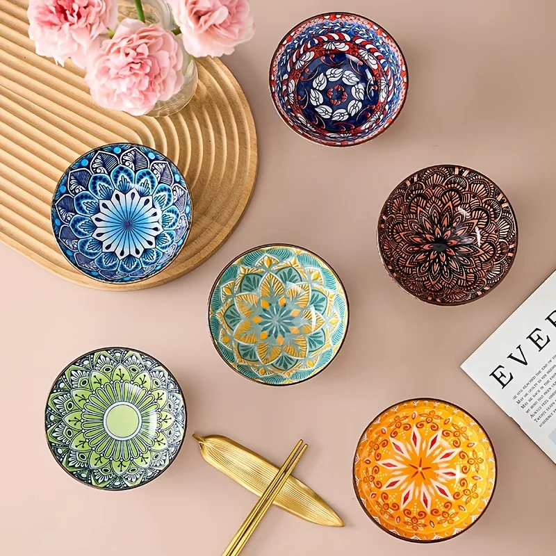 

6pcs Bohemian Style Underglaze Colored Rice Bowl Ceramic Art Tableware Suitable for Weddings Housewarming Festivals Gift Giving