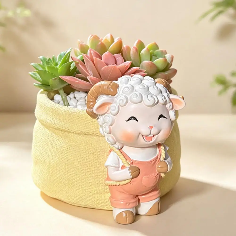 Cute Lamb Planter Cartoon Sheep Carring Bag Plant Pot Small Resin Flower Pot for Succulents, Houseplants, Desk Decoration