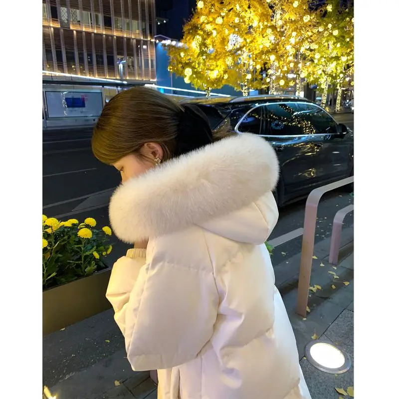 Winter Clothing Bow Big Hairy Collar Hoodie Loose Warm Mid Lenght White Down Jacket Women Coat Winter Jackets Women Clothes