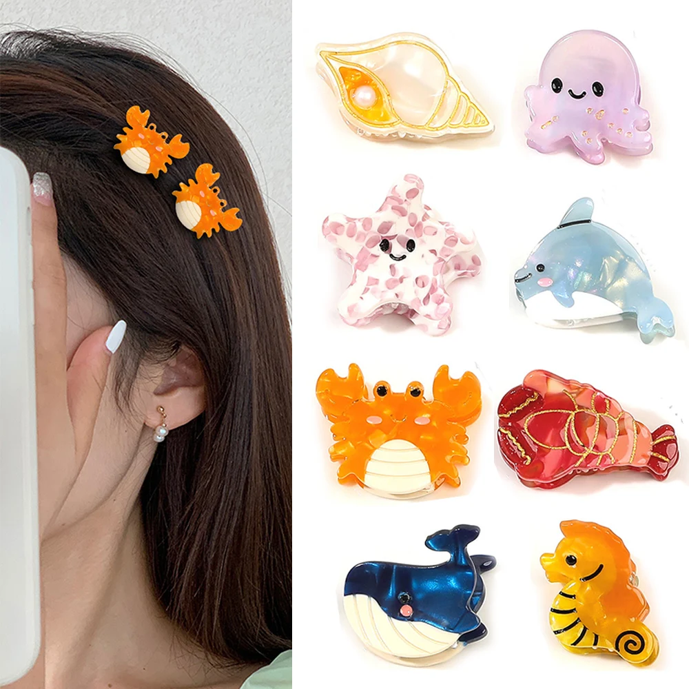 Cute Ocean Small Acetic Hair Clip Whale Seahorse Sea Star Hair Claw Side Bangs Barrette Shark Clips Women Girls Hair Accessories